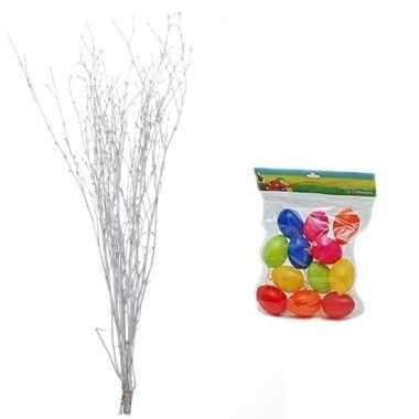 Pasen decoratie takken wit 75 cm met gekleurde versiering