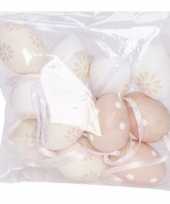 12x plastic eieren roze wit met lusje 4 cm